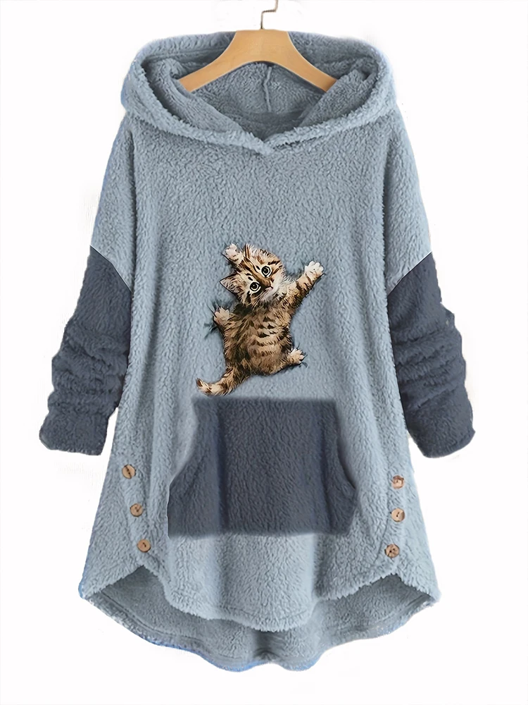 Plus Size 2023 Fall & Winter New Women\'s Loose Hooded Sweater, Oversized Knitted Sweater with Pockets 3D Cat Pattern XL-5XL