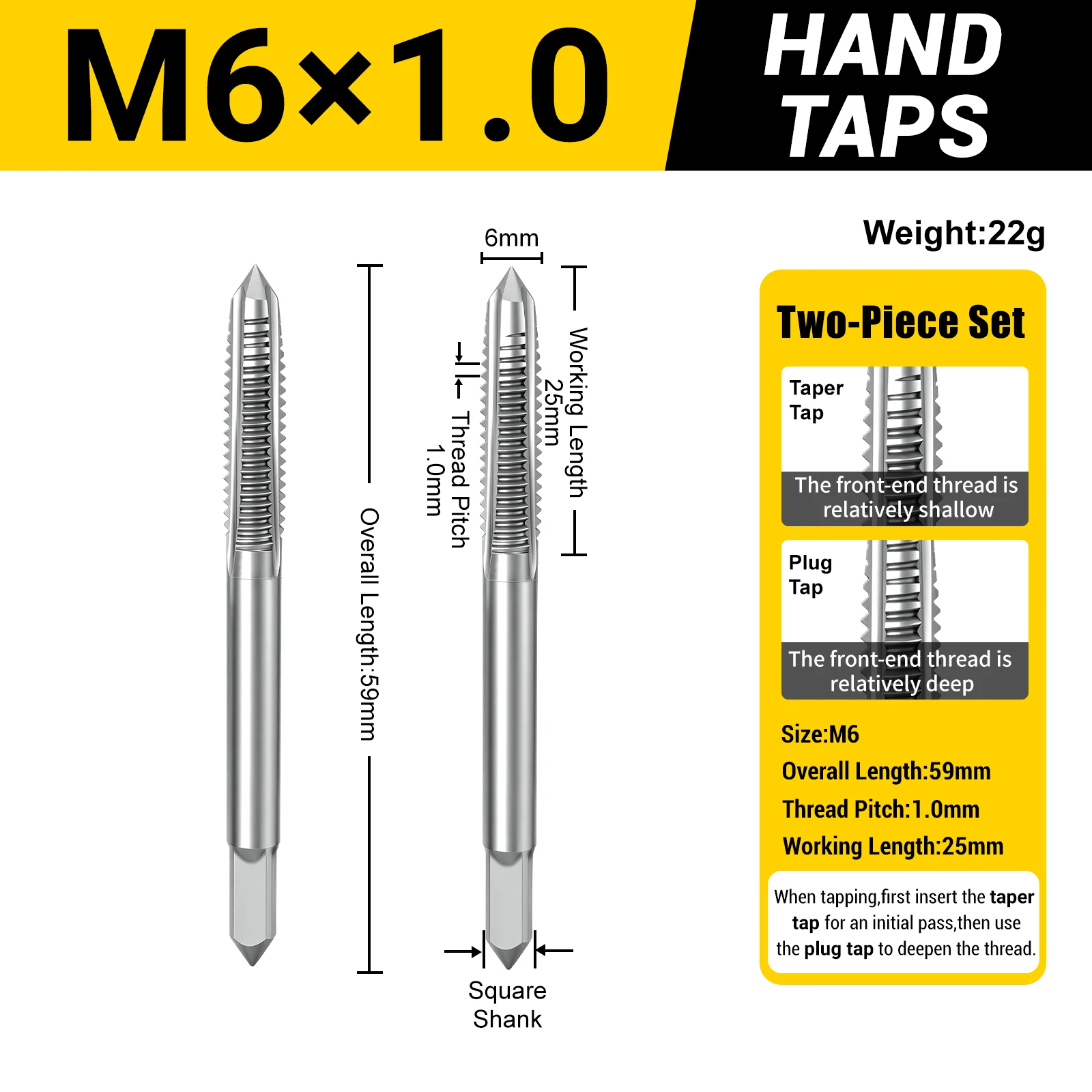 M3-M24 metrische handtaps, set van 2 stuks, conische plugtaps, HSS4241, taps met rechte snijgroef voor het maken van binnendraad in metaal, geschikt voor gelegeerd staal.