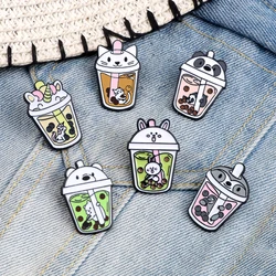 Summer Bubble Tea Enamel Pin Cartoon Cat Paw Milk Tea Ice Cream Bag Brooches Cute Panda Unicorn Animal Lapel Badge Gift for Kids
