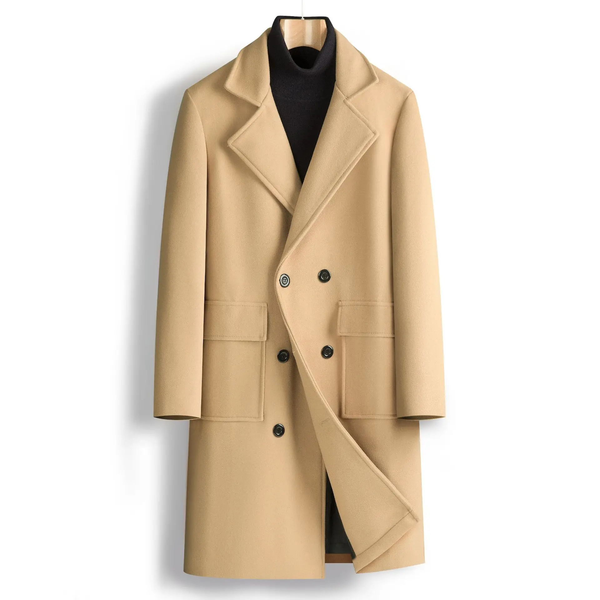

New Autumn Winter Men's Double Breasted Woolen Coats Solid Color Business Casual Mid-Length Outwear Male England Style Trench