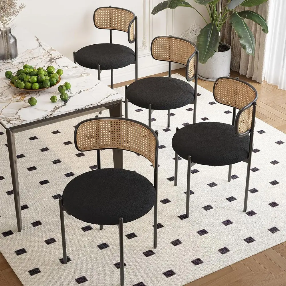 

Mid-Century Modern Rattan Backrest Upholstered Sherpa Dining Chairs Set of 4, Black