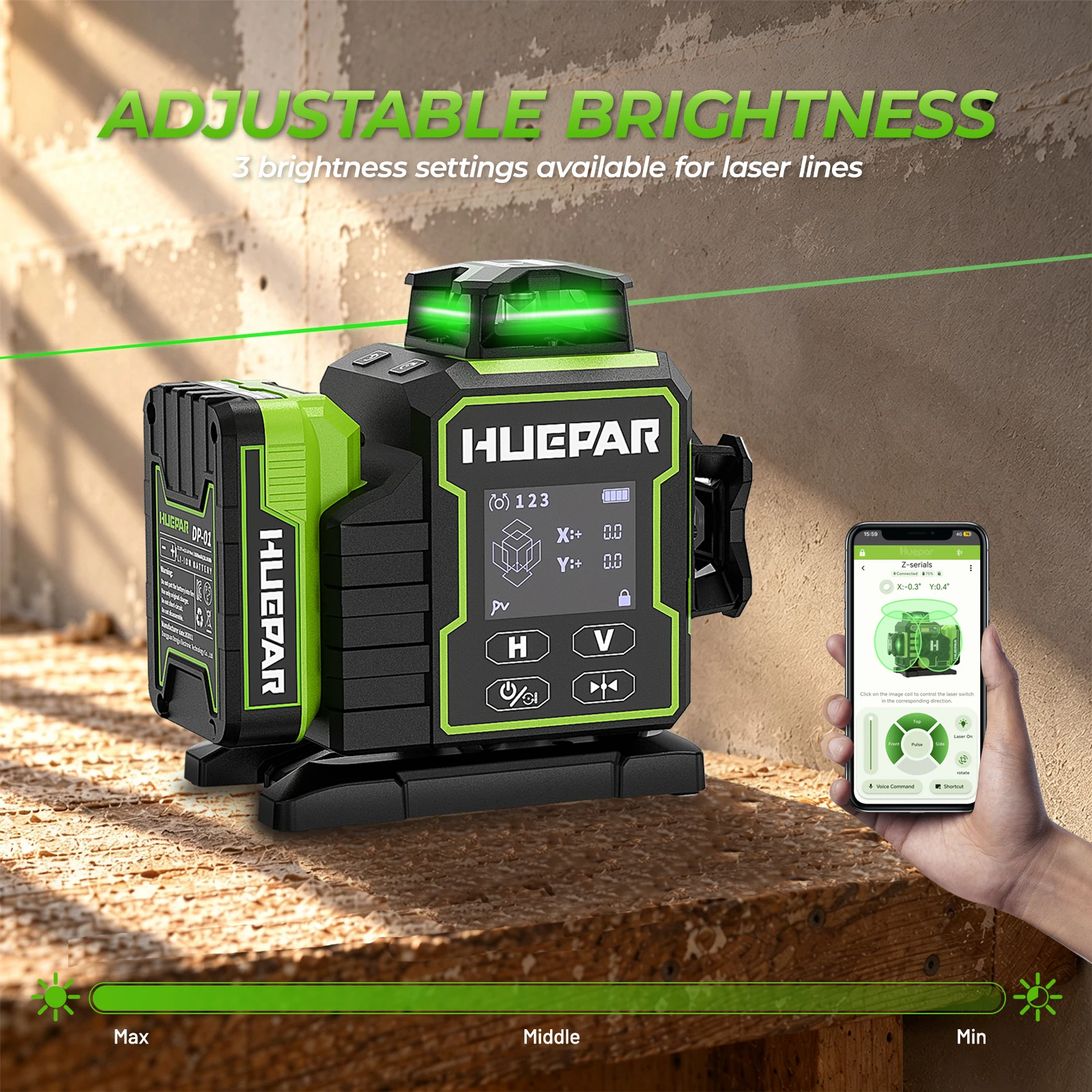 Huepar W03CG Laser-Wasserwaage, 3 x 360 selbstnivellierend, 3D-Bluetooth-Laser mit 12 Linien, elektrisch drehbarer Basis und großem LCD-Bildschirm – Detail 11