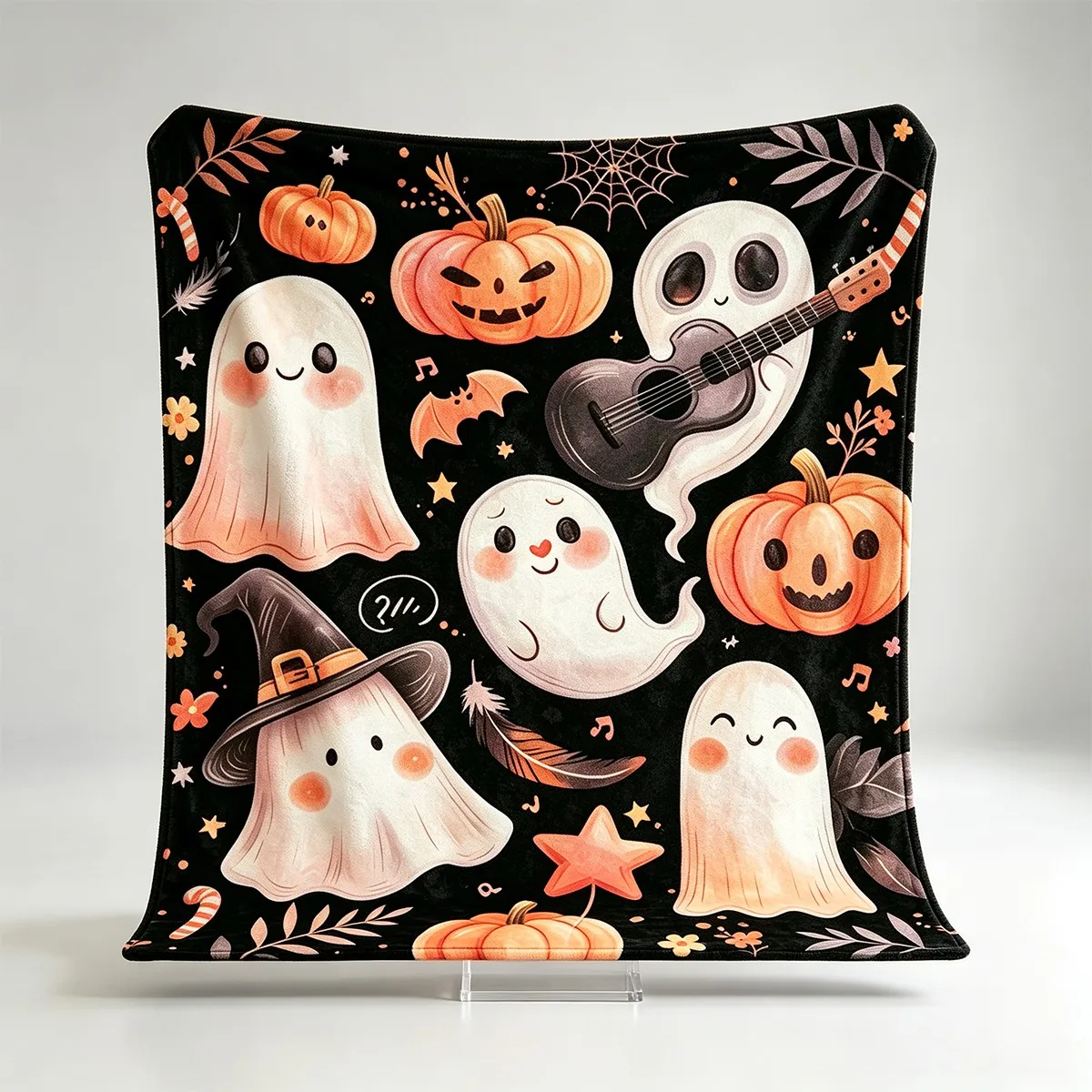 Newest Halloween Cute Ghost Guitar Pumpkin Black Background Flannel Throw Blanket, Spooky Cartoon Holiday Blanket for Sofa Decor