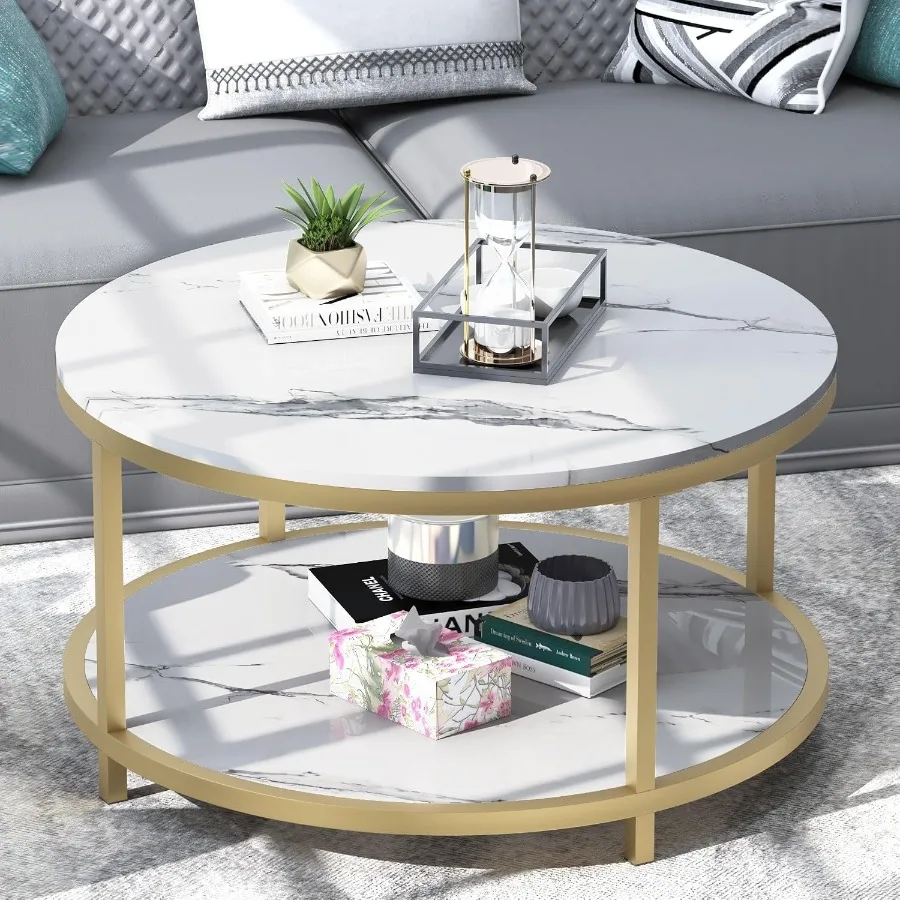 Living room round coffee table with high-glossy faux white marble top, sturdy gold metal frame, modern circular design, open sh