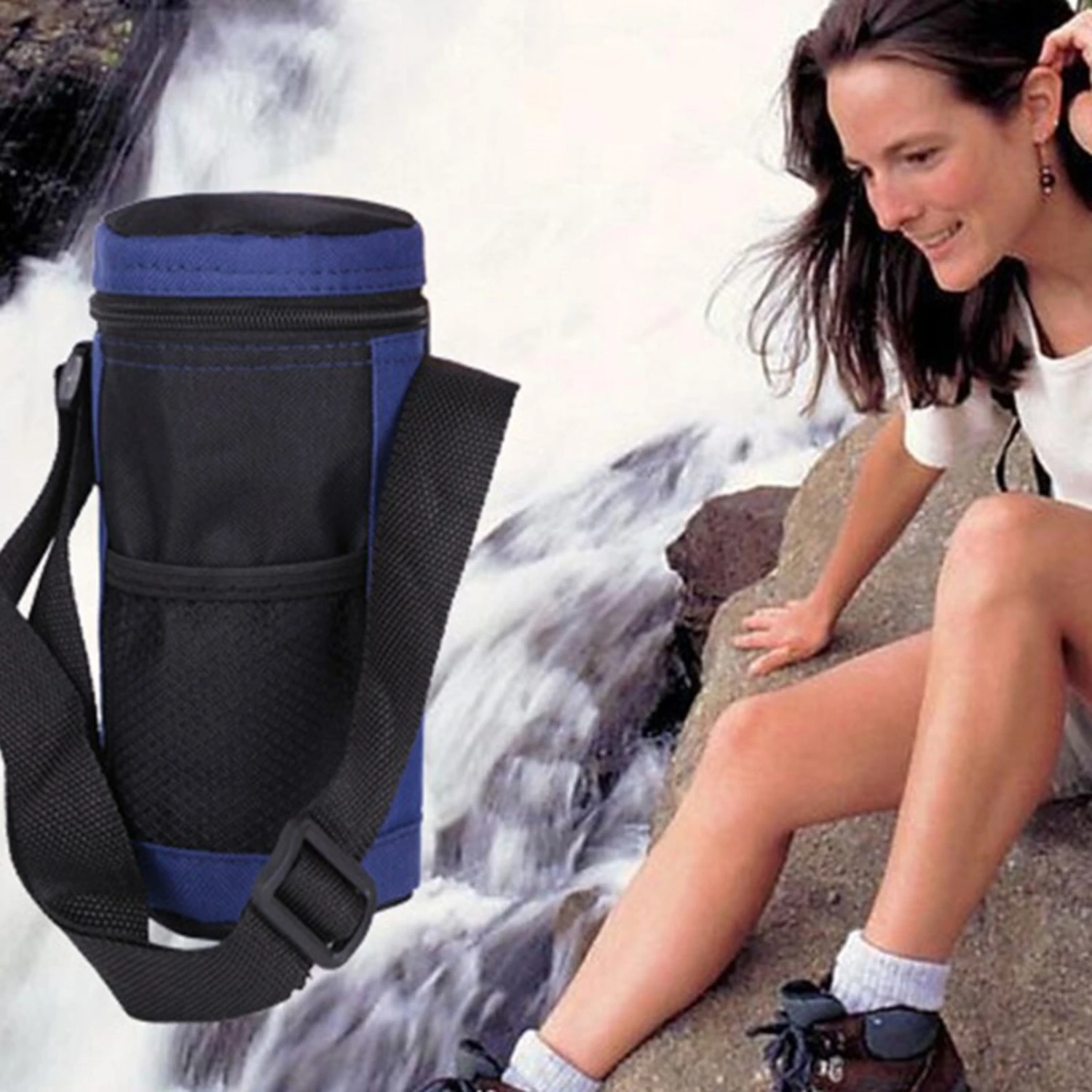 Bolsa para botella de agua con aislamiento azul oscuro, adecuada para taza de agua de 750ML, correa para deportes al aire libre, cubierta para taza de agua, 1 ud.