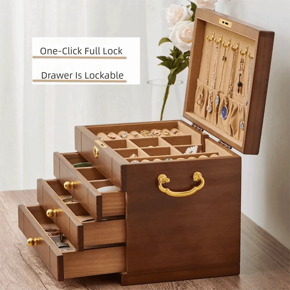 

Fashion Wooden Jewelry Box Large Capacity Drawer style Storage Box with Lock Multi-Layer Earrings Bracelets Display Stand Woman