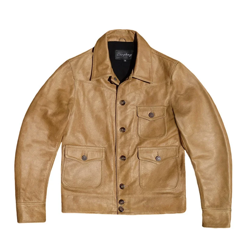 Three-pocket denim tobacco-colored imported oil wax first layer cowhide leather jacket men's American retro western - Image 5