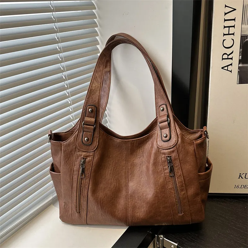 

Women's Vintage Soft Leather Bag Multi-pocket Casual Shoulder Handbag with Detachable Strap Large Capacity Daily Work Travel Bag