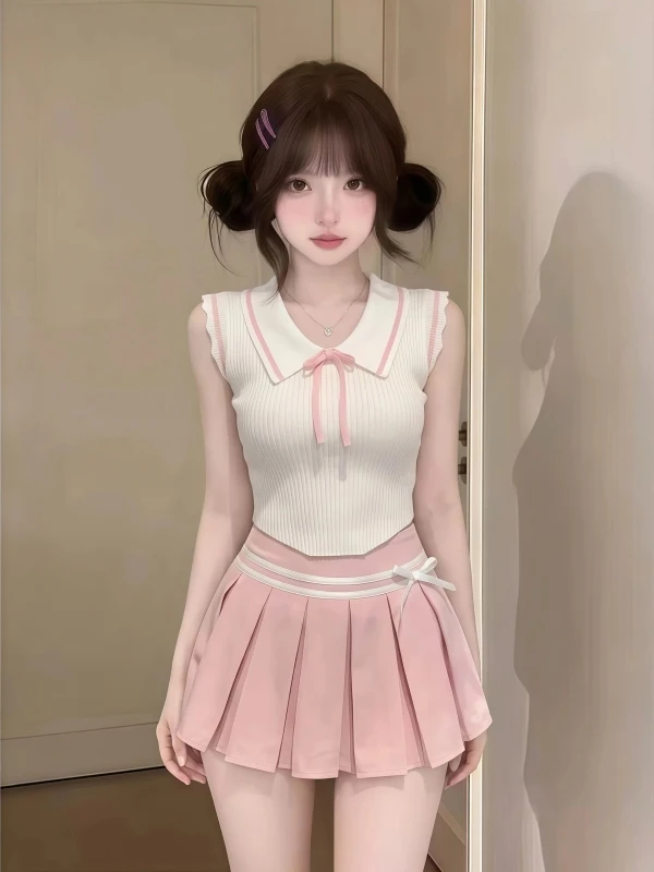 

Cute School Uniform Style JK Knitted Top with Knot And Pleated Skirt Two Piece Set for Young Women Spring Fashion