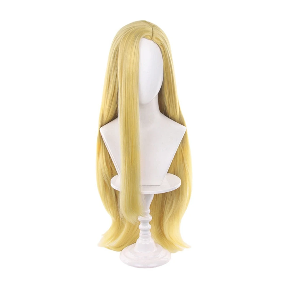 Long Golden Yellow Synthetic Cosplay Wig for Anime Characters, Straight Fluffy Style with Natural Curl Ends