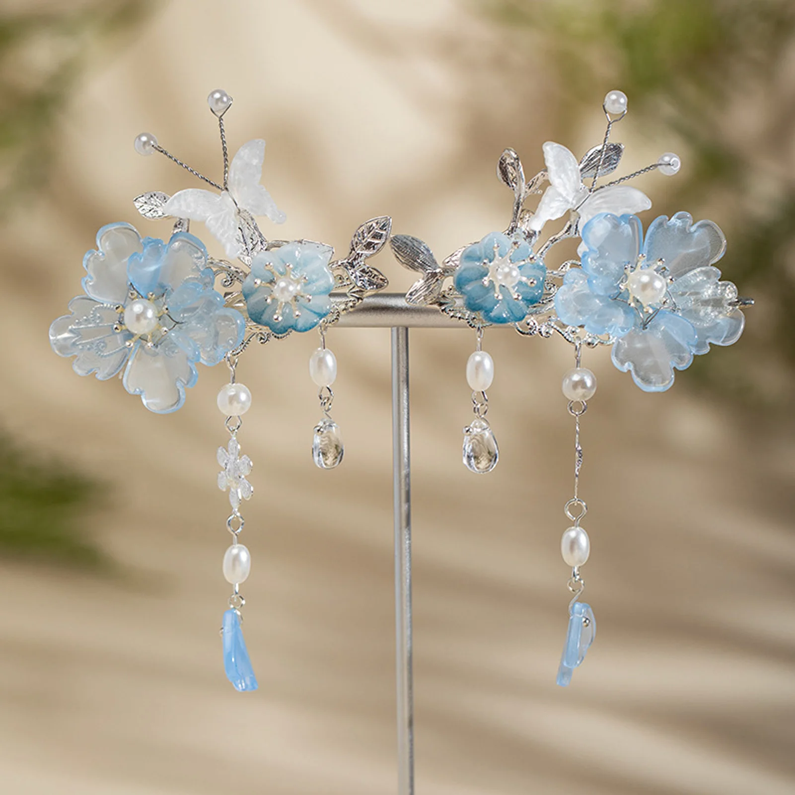 2 Stück Romantische Blaue Pfingstrosen-Haarspangen Vintage Haarnadeln Haaraccessoires Blumen-Hanfu-Kopfschmuck Quasten-Perlen-Haarspangen Haarschmuck