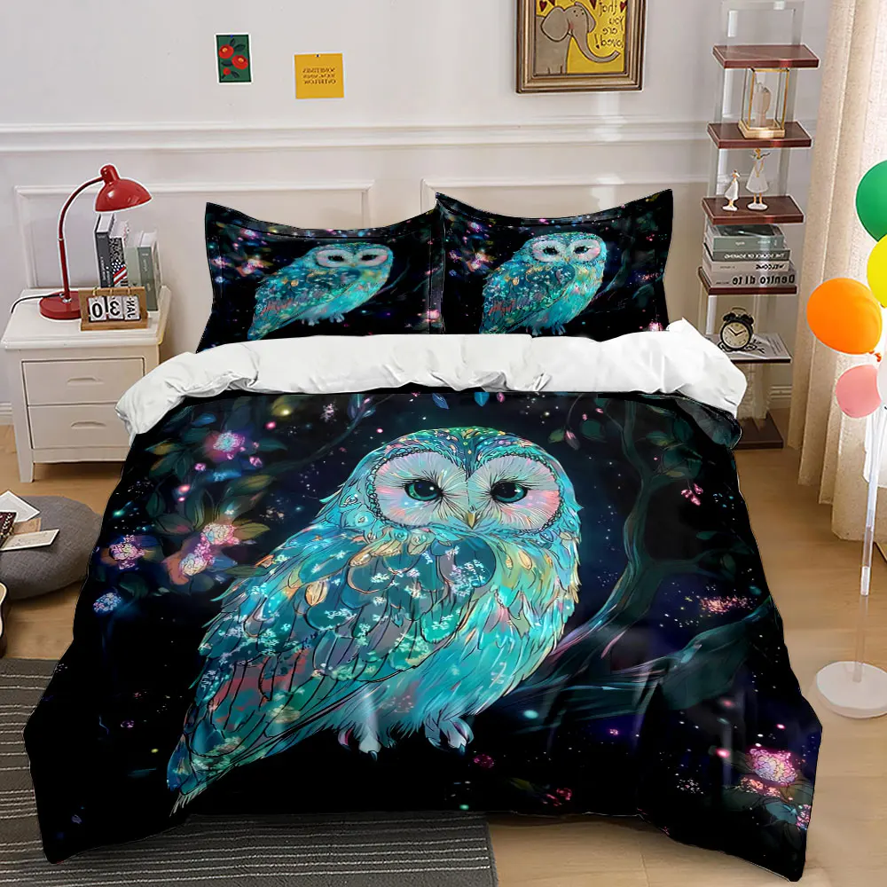 Glowing Owl Night Art Decor Bedding Set with 1 Duvet Cover 2 Pillowcases Single Double King Queen, Gift