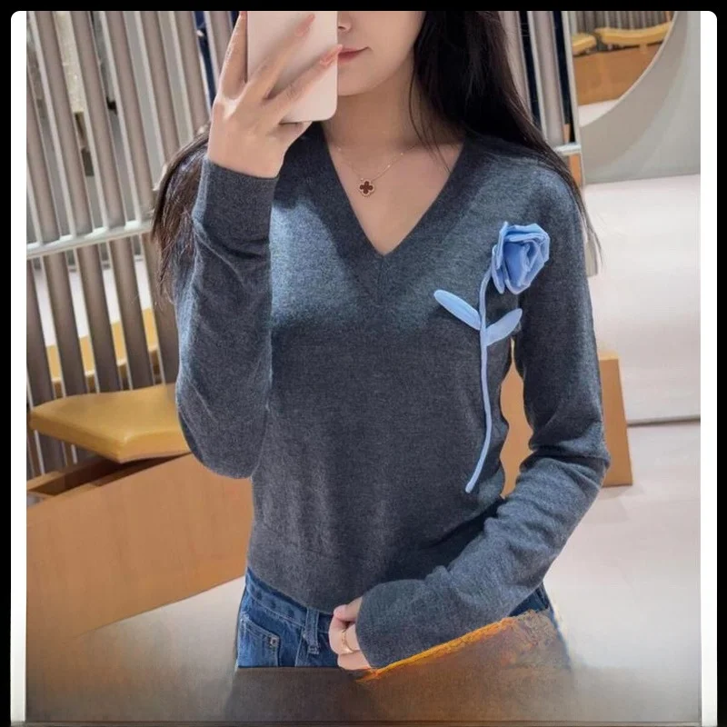 

Knitwear V-Ne Long Sve Spring 2025 New Arrival Luxury Sle Women's Faionable 3D Flower Embroidery Commute Sle