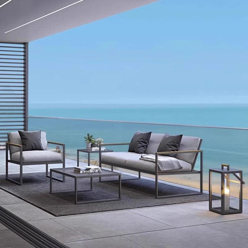 ！@Modern Waterproof Durable Outdoor Iron Stainless Steel Sofa Set Courtyard Garden Villa Hotel Aluminum Alloy Sunscreen Furnitur