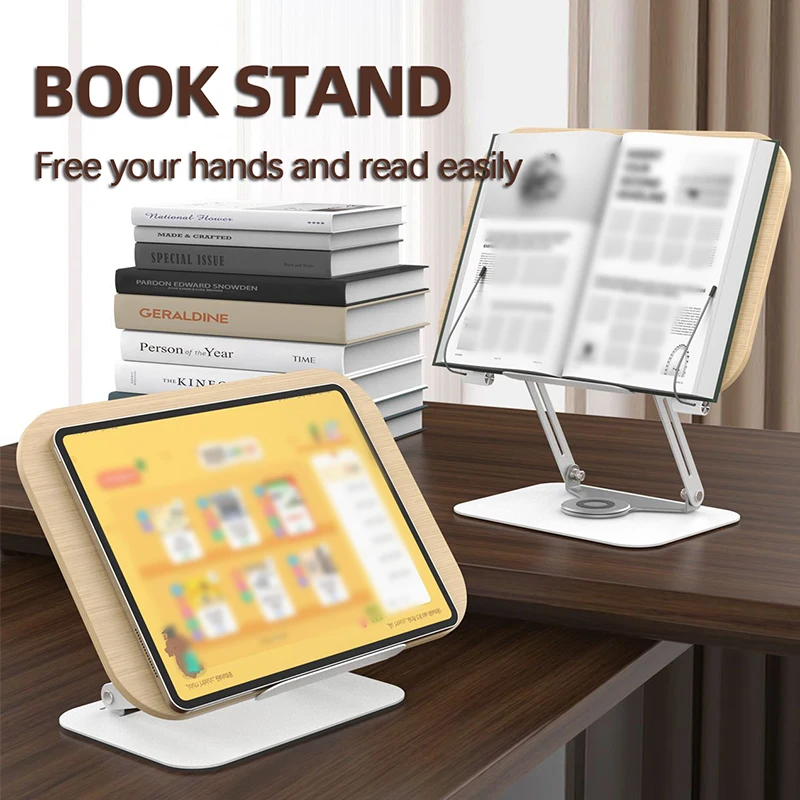 A 360° rotatable stand that can be raised and lowered, a book stand that can fix book pages, and a reading stand for laptops