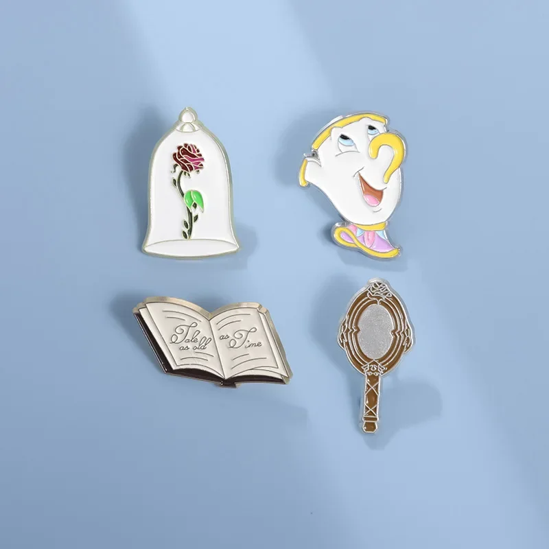 Alfileres esmaltados de La Bella y La Bestia de Disney para mochila, bolso, sombrero, lindos broches de espejo con flor rosa, insignias para regalos de colección de Fans
