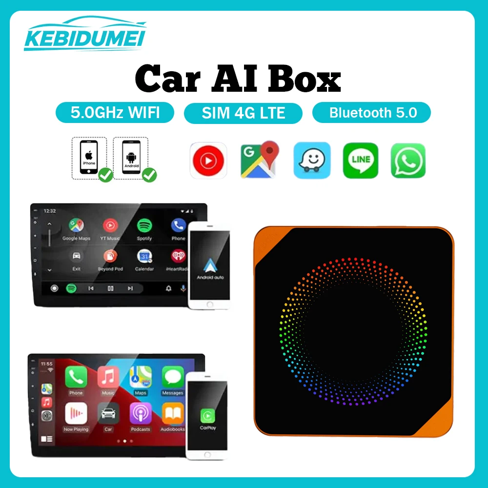 

KEBIDUMEI 2+16G SIM Car AI Box: Беспроводной адаптер CarPlay и Android Auto с голосовым управлением и фоновой подсветкой, умный донгл