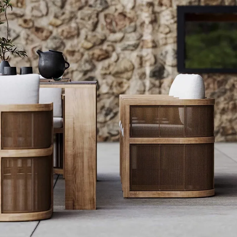 

Outdoor teak table and chairs courtyard open-air dining table and chairs hotel villa outdoor solid wood long table rattan dining