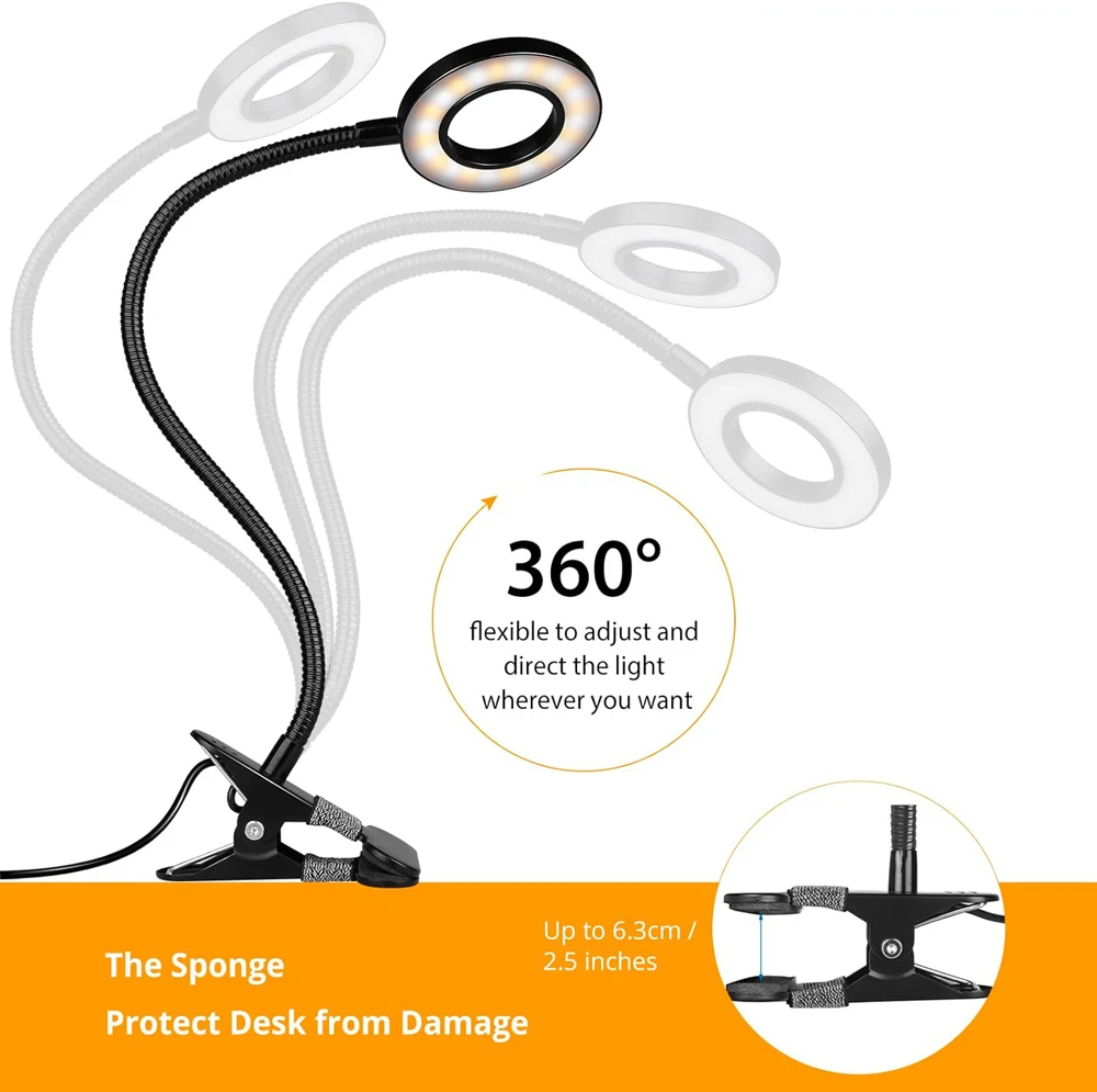 Gooseneck Clip-on lâmpada de mesa, 360 ° flexível, 48 LEDs, mesa de leitura luz, Eye-Caring, USB Clamp, Night Light, Estudo, Ler