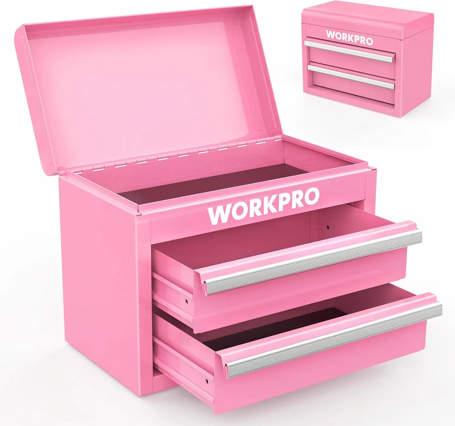 

Mini Metal Tool Box with 2 Drawers, Top Storage, PVC Liners, and PP Feet Pads in Pink Ribbon Color