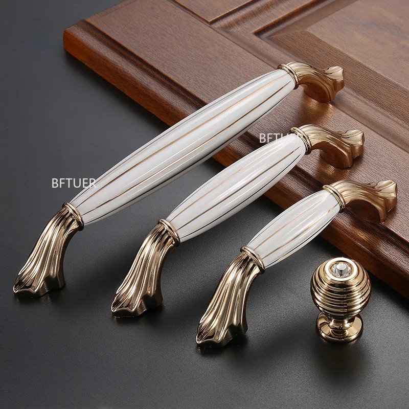 Drawer Pulls Kitchen Door Handles Furniture Handle Cabinet Door Hardware Light Luxury Gold White Creamic Cabinet Handles Knobs