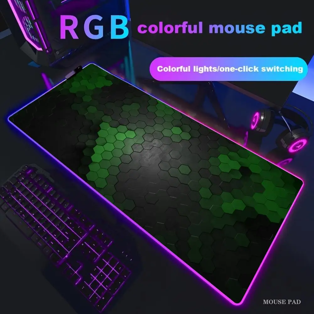 

Коврик для мыши с 3D геометрическим рисунком RGB, чехол для клавиатуры, красочный коврик для мыши со светодиодной подсветкой, коврик для киберспорта, большой коврик для компьютерного геймера, светящийся длинный настольный коврик