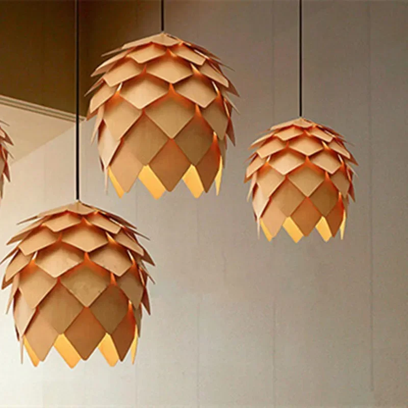 Nordic Morden OAK Wooden Pinecone led Pendant Lights Hanging Wood modern Lamp Dinning Room Restaurant Retro Fixtures Lighting