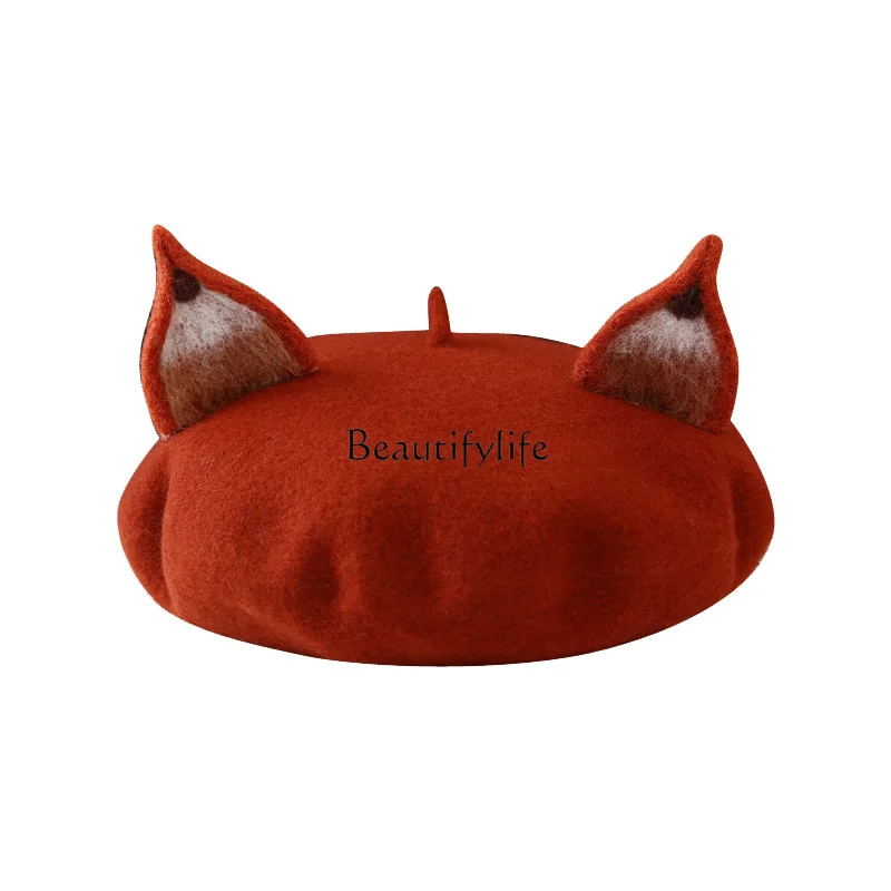 

Autumn and Winter Girl's Cap Cute Ears Wool Fox Ears Forest Children Beret