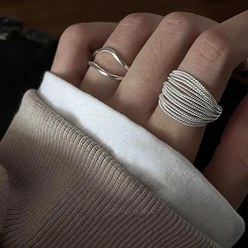 Silver Color Unique Lines Ring For Women Jewelry Finger Adjustable Open Vintage Ring For Party Birthday Gift