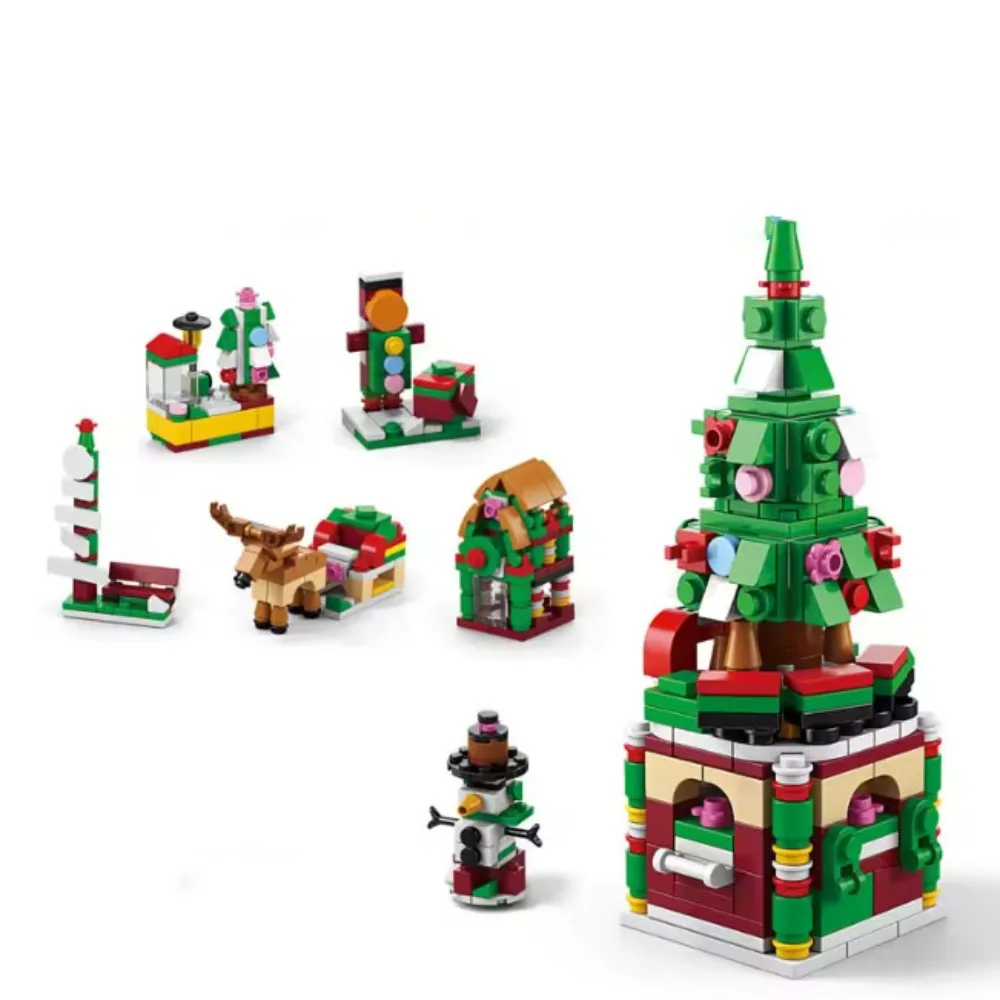 Zestaw klocków do budowania z motywem świątecznym, pozytywka choinkowa, zabawka dla dzieci, prezent, układanka, ozdoba.