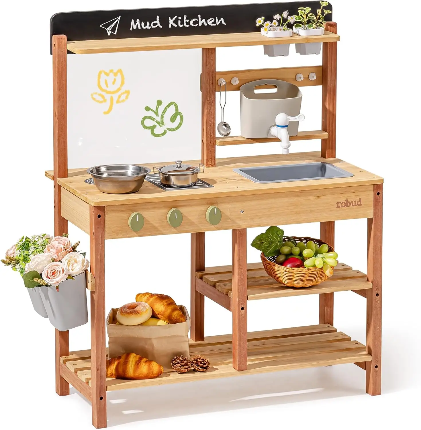 

Деревянная уличная кухня для детей, набор для ролевых игр с раковиной, смесителем, кастрюлями и аксессуарами