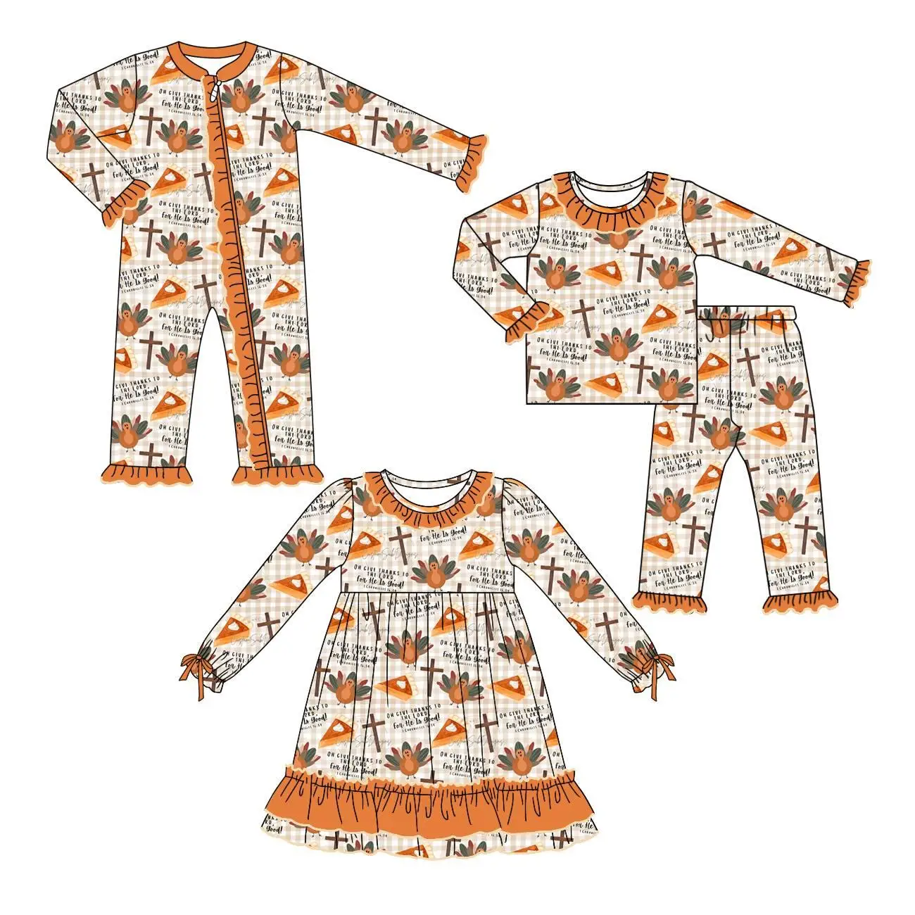 Toddler Thanksgiving Outfits Girls Matching Three Piece Set Turkey Cross Print Boutique Toddler Outfits