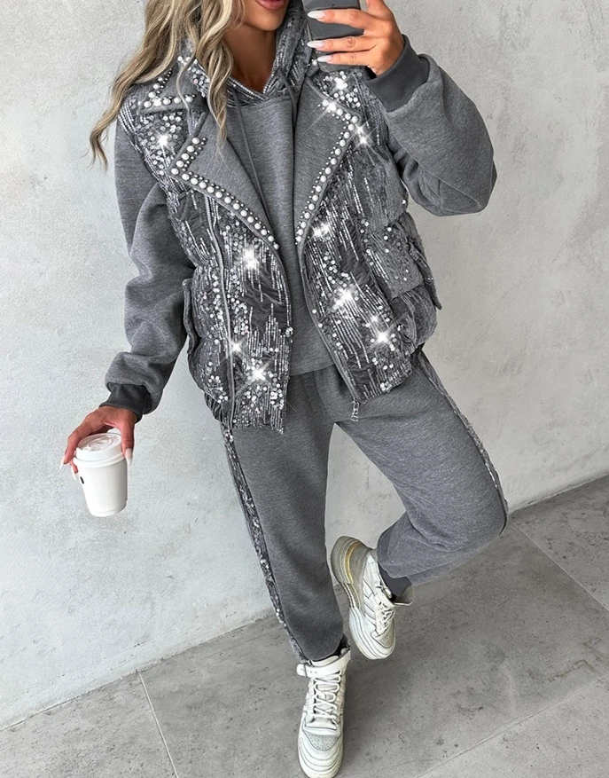 

3Pcs women's 2024 autumn/winter fashion sequin long sleeved hooded sweatshirt and flared pants, paired with beaded down vest