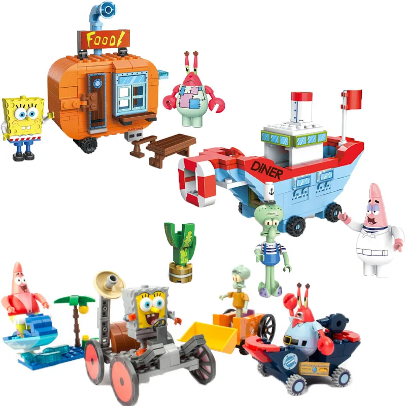 Classic Cartoon SpongeBob SquarePants Building Block Kit Bikini Bottom Krusty Krab Model Bricks Patrick Star Set Kids Toys Gifts