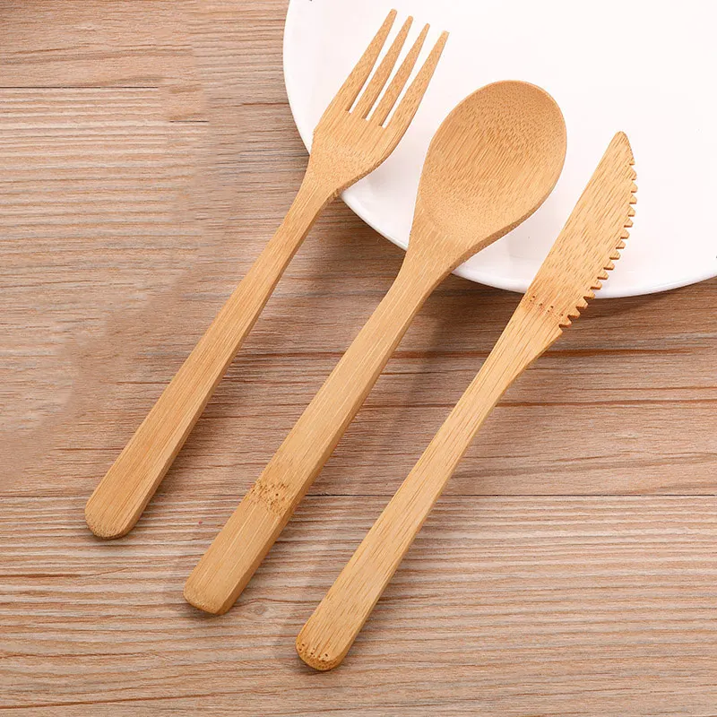 

3Pcs/Set Natural Bamboo Wooden Dinnerware Sets Spoon Knife Forks Tableware Set Reusable Kitchen Accessories for Travel Portable