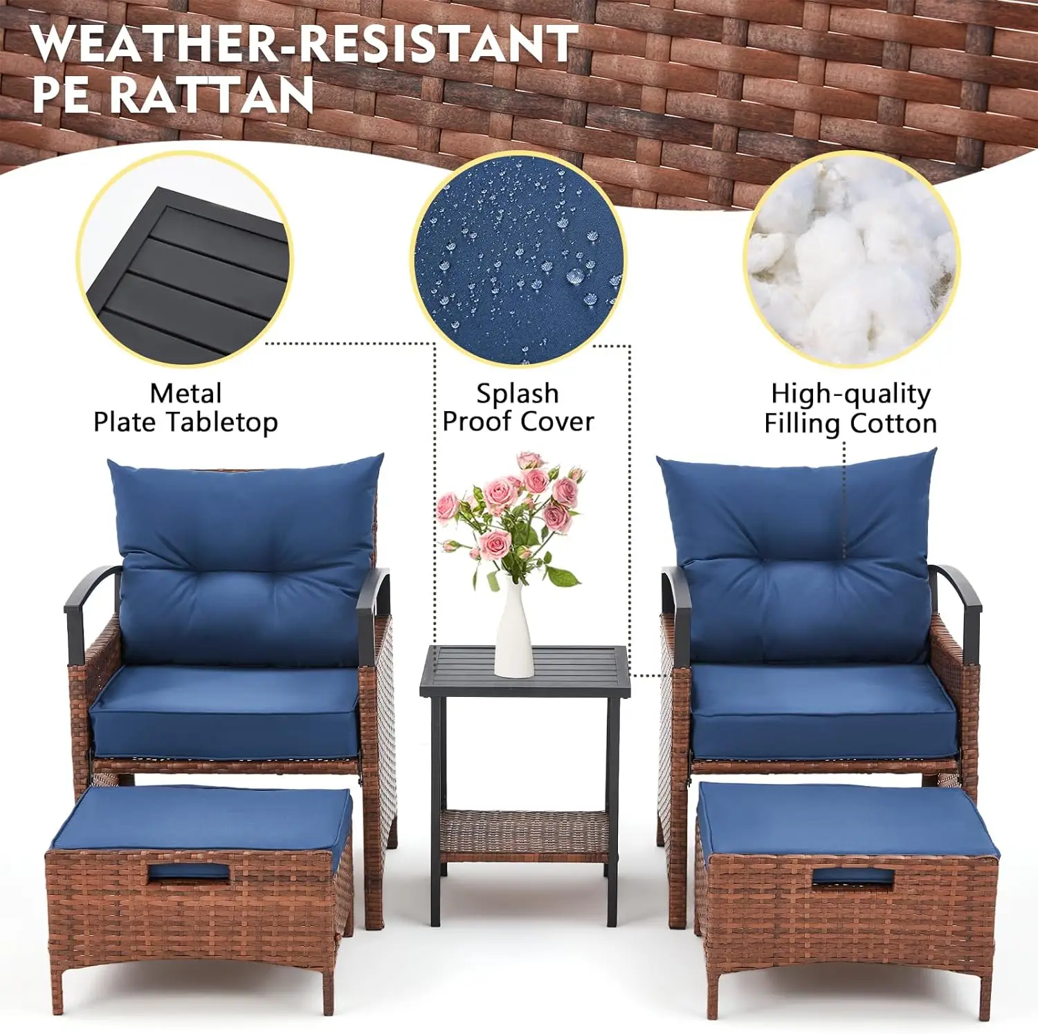 Set furnitur teras 5 buah, kursi rotan luar ruangan dengan meja kopi Metal, bangku & bantal lembut, percakapan anyaman Bistro