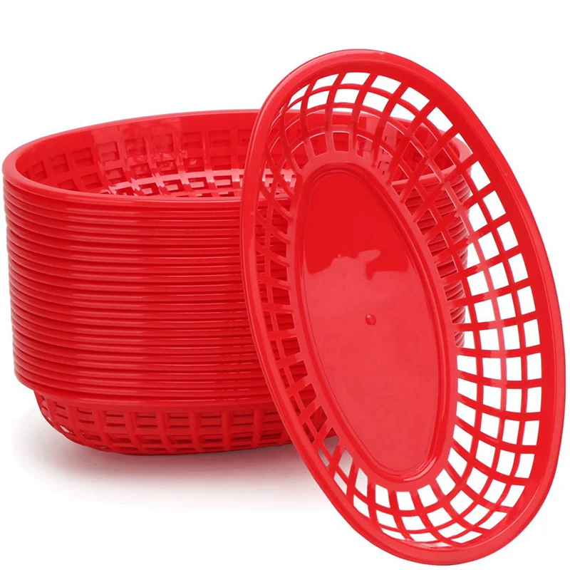 

48Pcs Plastic Basket Serving Tray French Fries Basket Oval Fast Food Tray Restaurant Bar Fries Food Service Tray Red