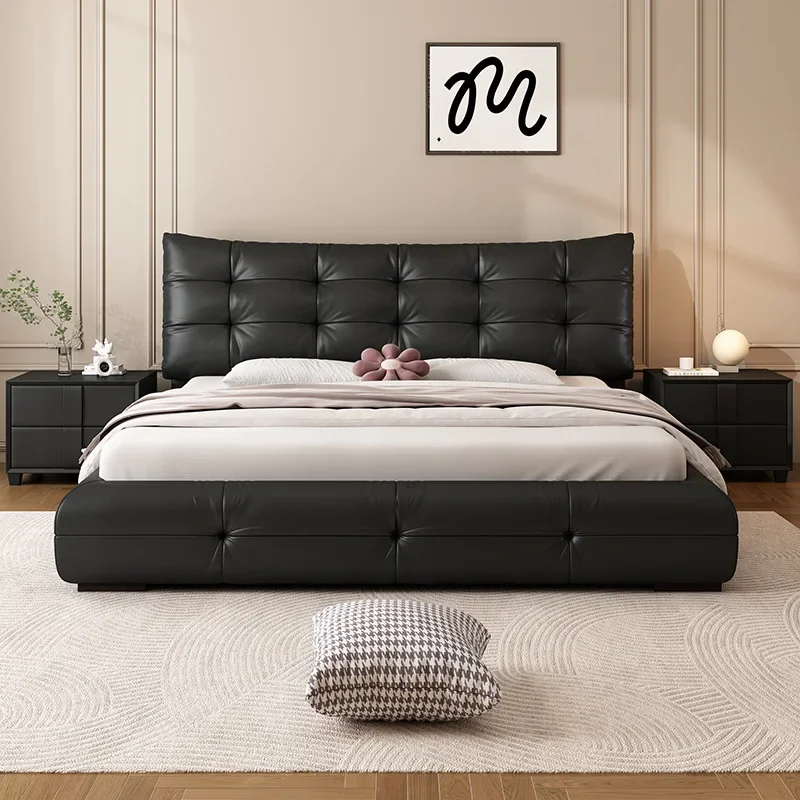 Italian minimalist large black bear leather bed modern double