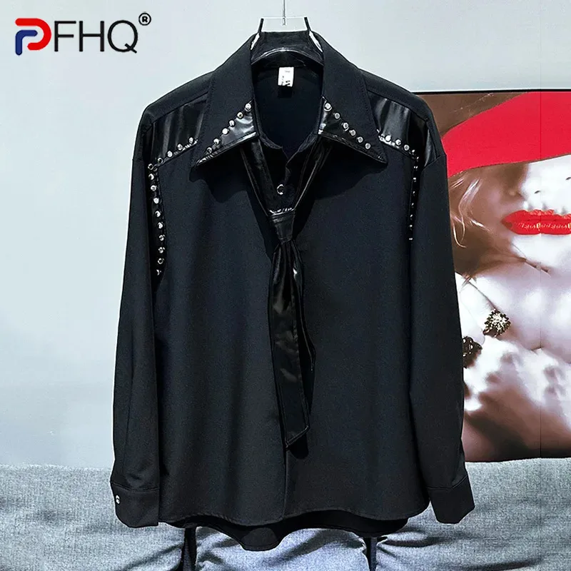 PFHQ  Men's Shirt Korean Versatile Metal Rivet Decoration Personalized Shirt New Splicing Design Popular Male Tops 21Z6690