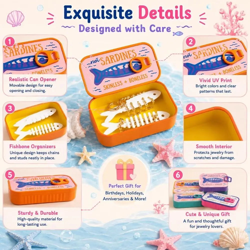 Plastic Sardine Jewelry Box Fishbone Insert 3D Printed Mini Jewelry Organizer Shockproof Shell Trinket Storage Box Desk Storage