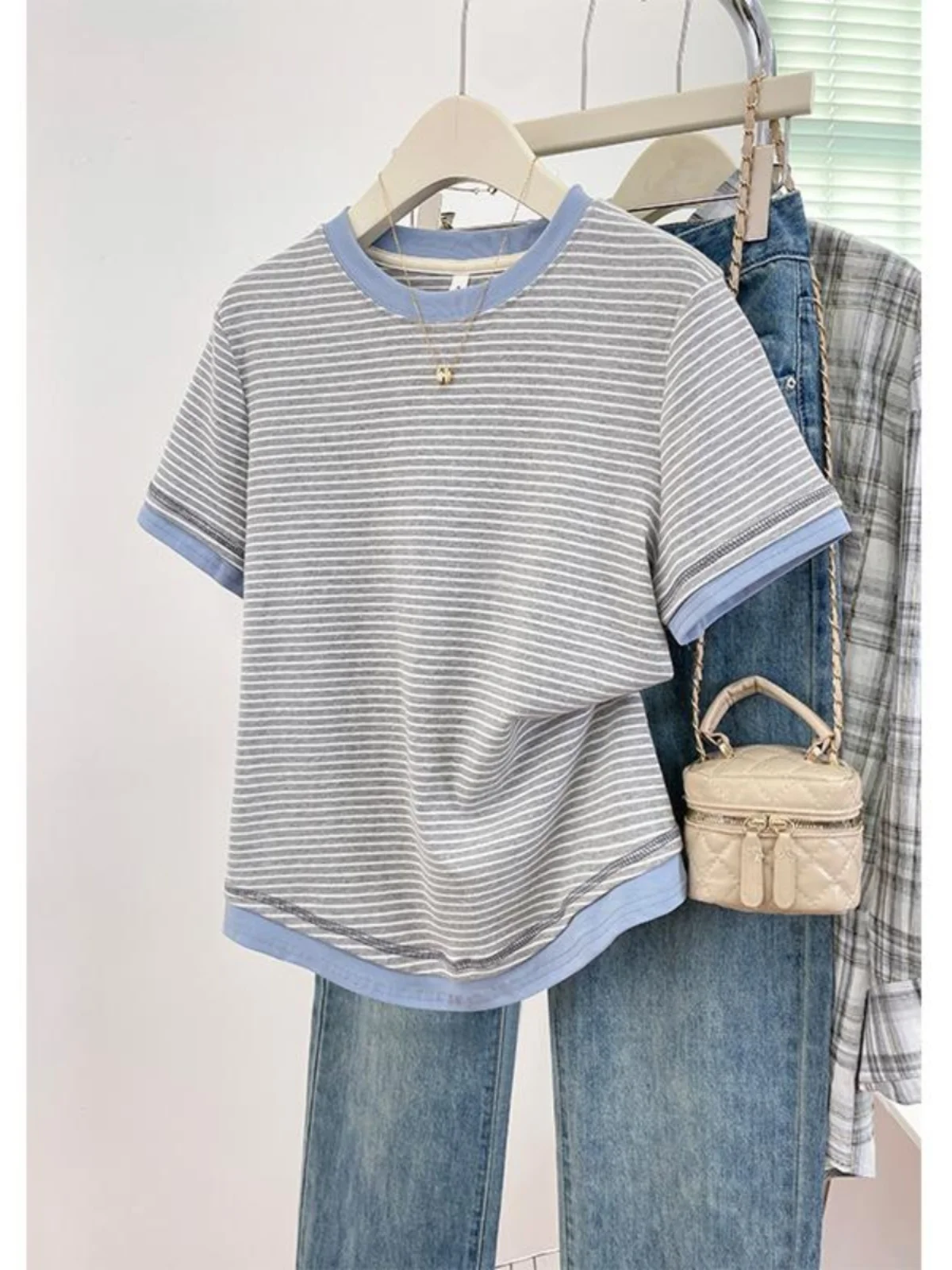 2026 New Women's Loose Fit Casual Stripe Short Sleeve T-Shirt Comfortable Breathable Cotton Polyester Blend Summer Top