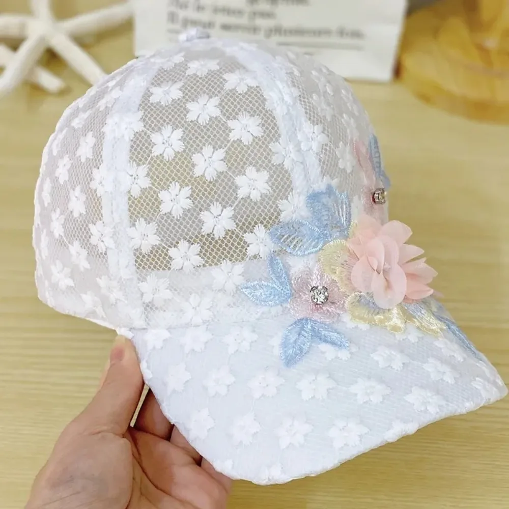Moda malha boné de beisebol lantejoulas bordado flores língua de pato chapéu respirável seção fina boné de renda primavera e verão