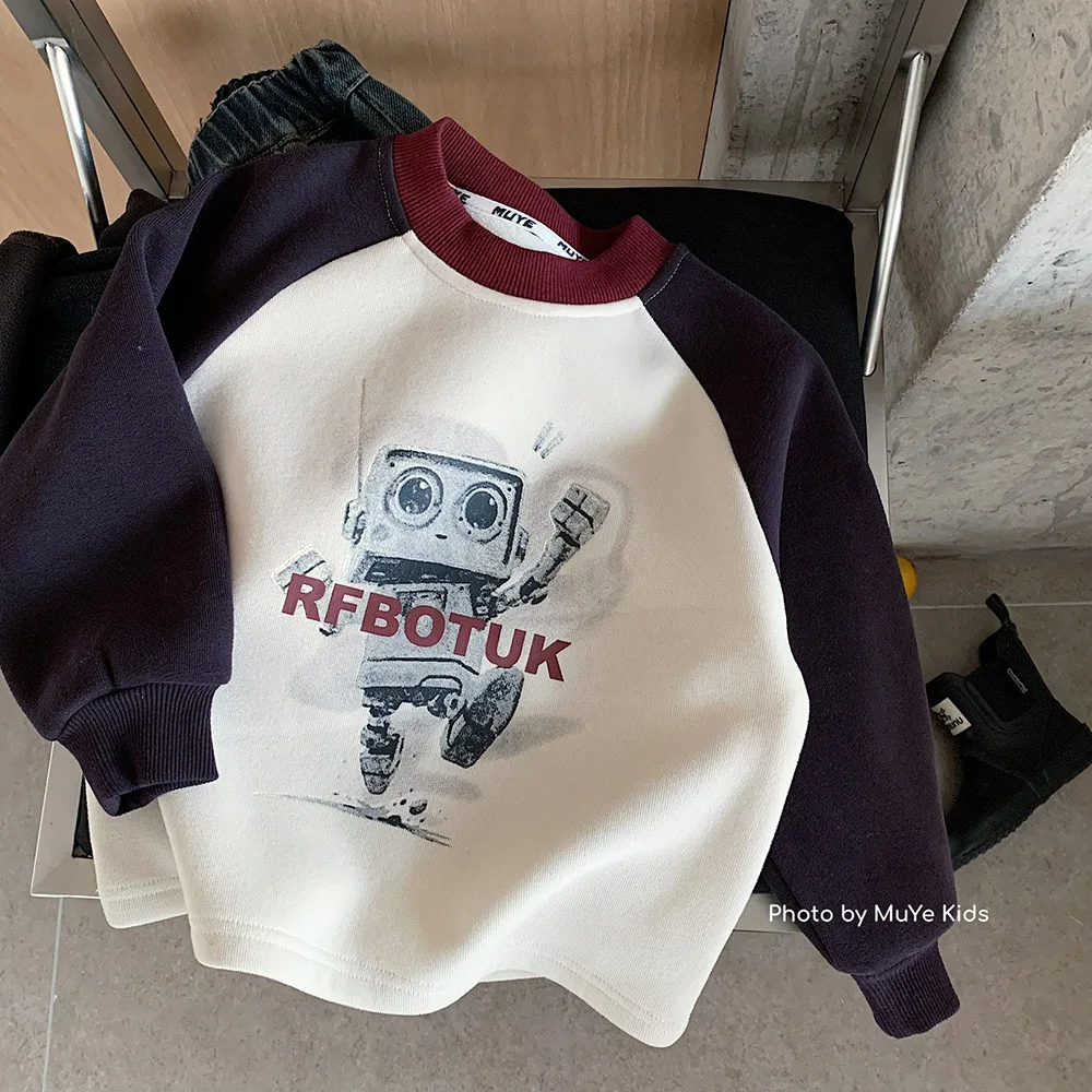 

Детский свитшот UNITIM для маленьких мальчиков, новые зимние лоскутные утепленные толстовки с капюшоном для маленьких мальчиков, жаккардовые пуловеры с роботом для маленьких мальчиков