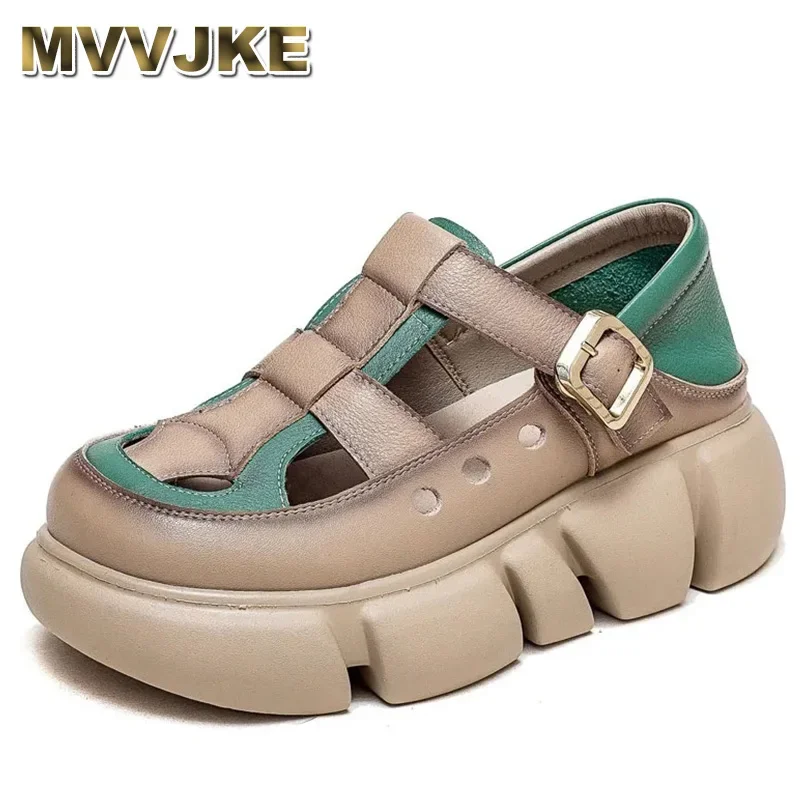 

Summer New Retro Mixed Colors Sandals Thick Sole Round Toe Buckle Genuine Leather Fashion Women Platform Shoes