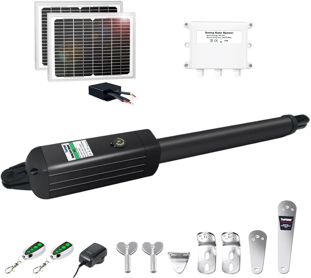 فتاحة بوابة شمسية أوتوماتيكية من TOPENS A5S لبوابات متأرجحة فردية متوسطة التحمل تصل إلى 16 قدمًا، مشغل بوابة متأرجحة واحدة يعمل بالبطارية