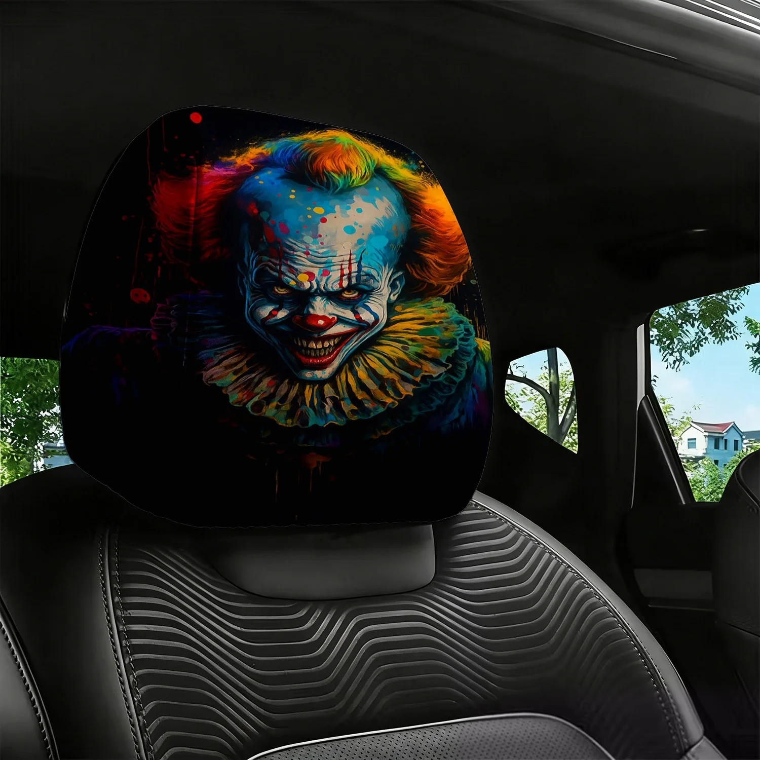 

【Creepy Clown】Splatter Paint Print Car Headrest Cover, Easy To Install, Personalized Car Seat Headrest Cover