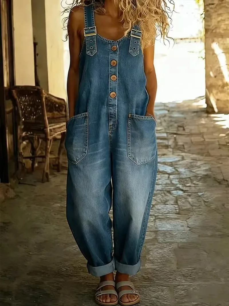 Hot Sale Summer New Women's Denim Overall Jumpsuit Long Pants Retro Loose Casual European American Style
