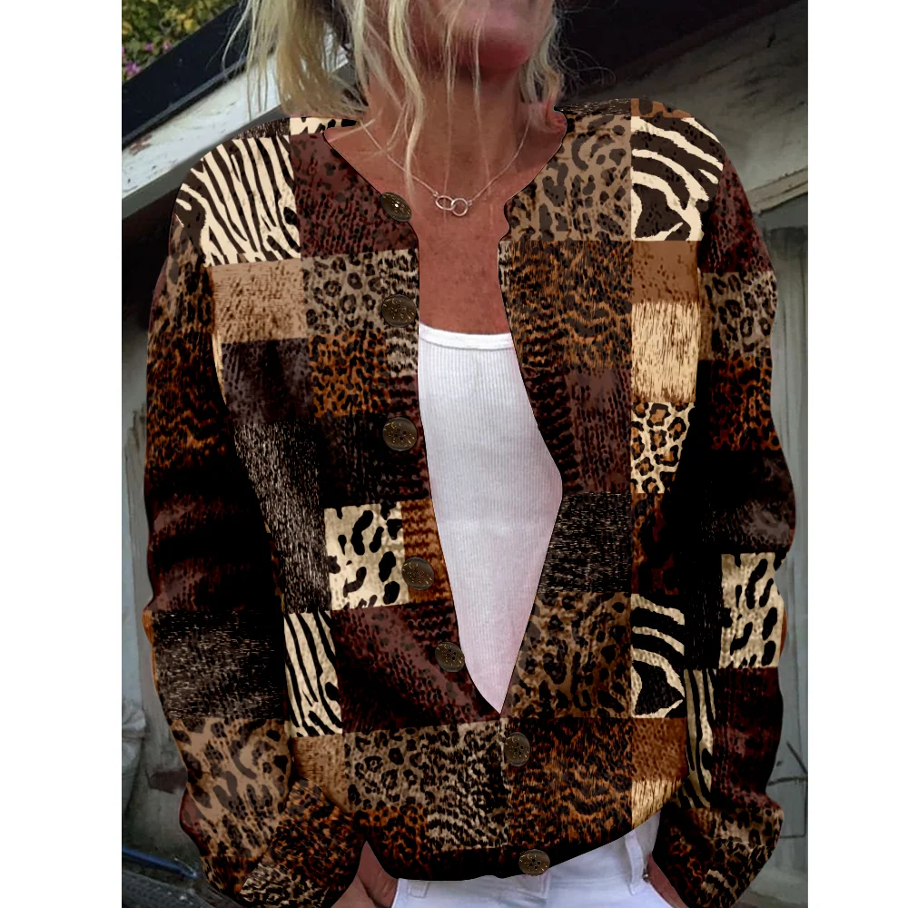 

Осень-зима вязаный леопардовый кардиган, свитер, уличная одежда, женские свитера, вязаный топ, повседневные крутые джемперы, модные
