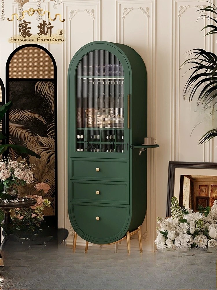 

Retro glass wine cabinet Solid wood storage household display Light luxury floor storage cabinet