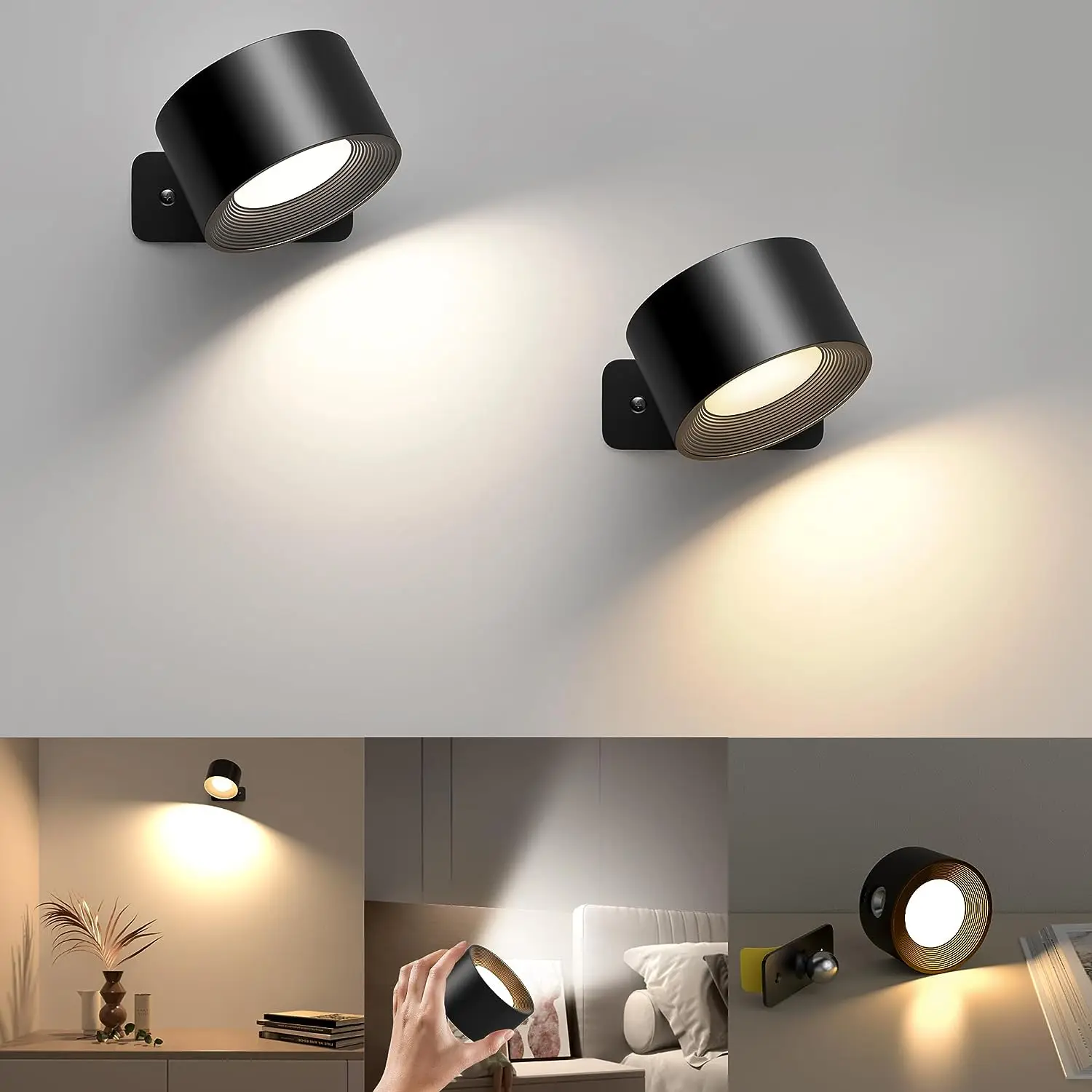 2PC Wall light, Battery Operated Lights Rechargeable Wall Sconces,360° Free Rotate Magnetic Ball&3 Brightness Levels